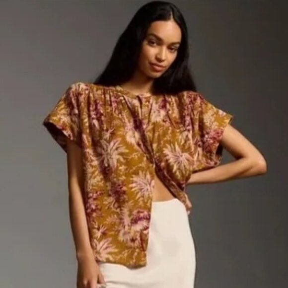 Anthropologie Tops - Anthropologie Pilcro Short Sleeve Batwing Buttoned Blouse Floral Flowy Size L/XL